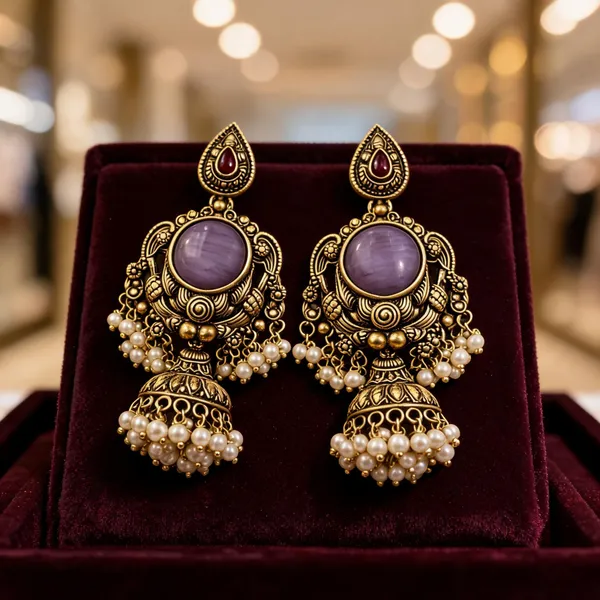 Golden_&_Purple_Brass_And_Alloy_Jhumka_Earrings_For_Women