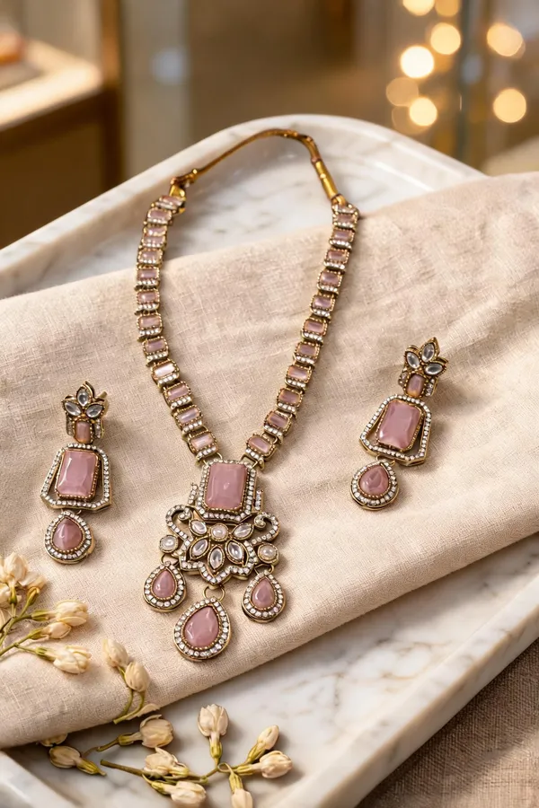 Pink_Brass_And_Alloy_Necklace_&_Earrings_Set_For_Women
