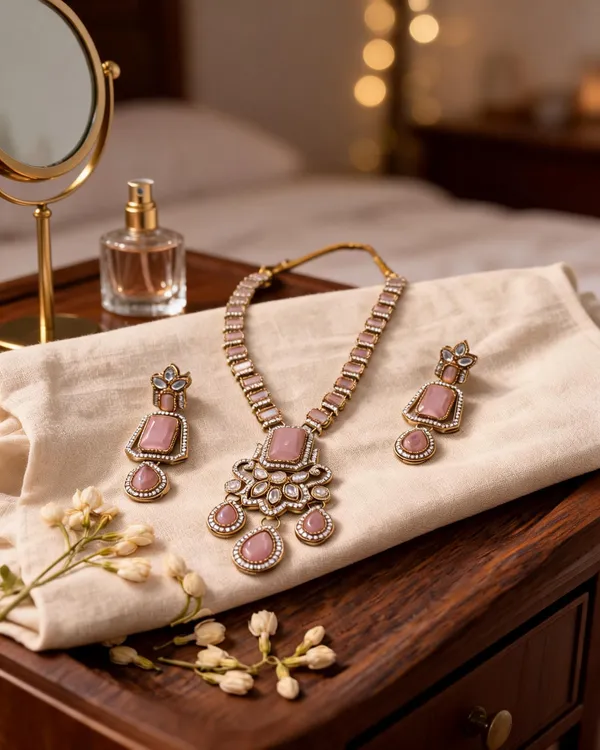 Pink_Brass_And_Alloy_Necklace_&_Earrings_Set_For_Women