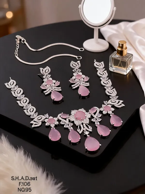 Silver_&_Pink_Brass_And_Alloy_Necklace_&_Earring_Set_For_Women