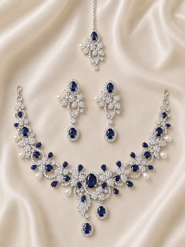 Silver_&_Blue_Brass_And_Alloy_Necklace_Set_For_Women