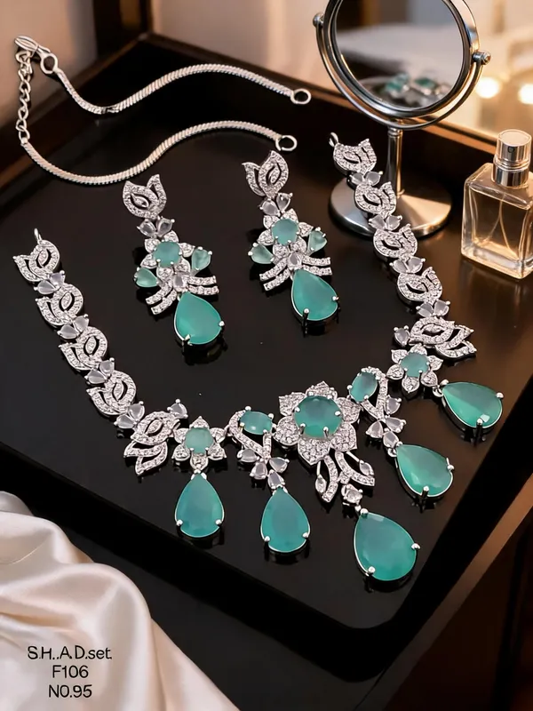 Silver_&_Blue_Brass_And_Alloy_Necklace_&_Earring_Set_For_Women