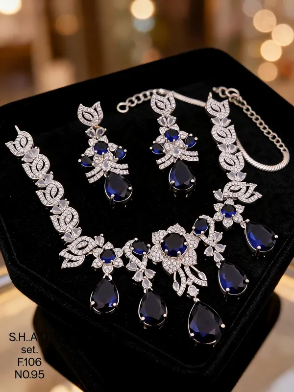 Silver_&_Blue_Brass_And_Alloy_Statement_Necklace_Set_For_Women