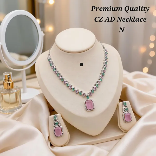 Silver_&_Pink_Brass_And_Alloy_Necklace_&_Earrings_Set_For_Women