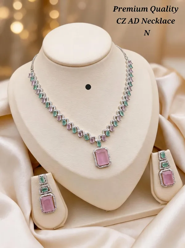 Silver_&_Pink_Brass_And_Alloy_Necklace_&_Earrings_Set_For_Women
