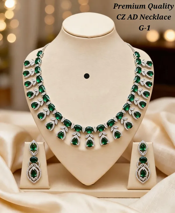Silver_&_Green_Brass_And_Alloy_Necklace_&_Earrings_Set_For_Women