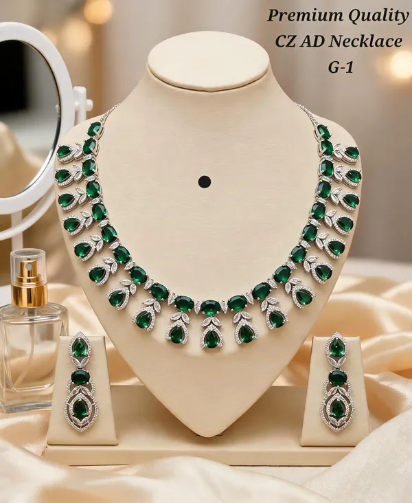 Silver_&_Green_Brass_And_Alloy_Necklace_&_Earrings_Set_For_Women