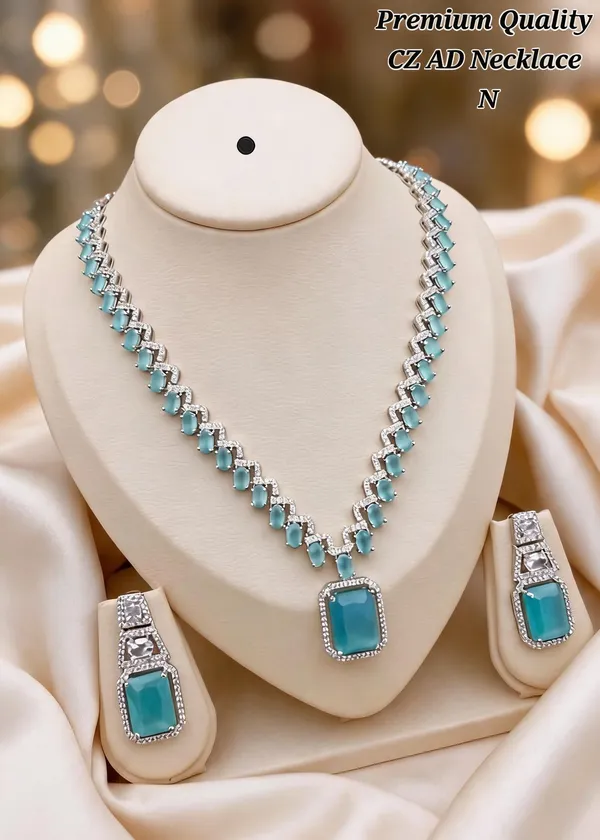 Silver_&_Blue_Brass_And_Alloy_Necklace_&_Earring_Set_For_Women