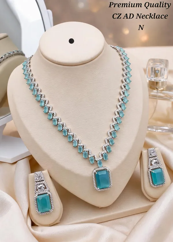 Silver_&_Blue_Brass_And_Alloy_Necklace_&_Earring_Set_For_Women