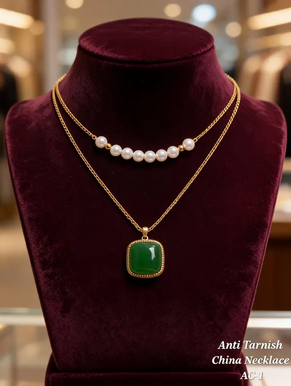 Silver_&_Green_Brass_And_Alloy_Layered_Pendant_Necklace_For_Women
