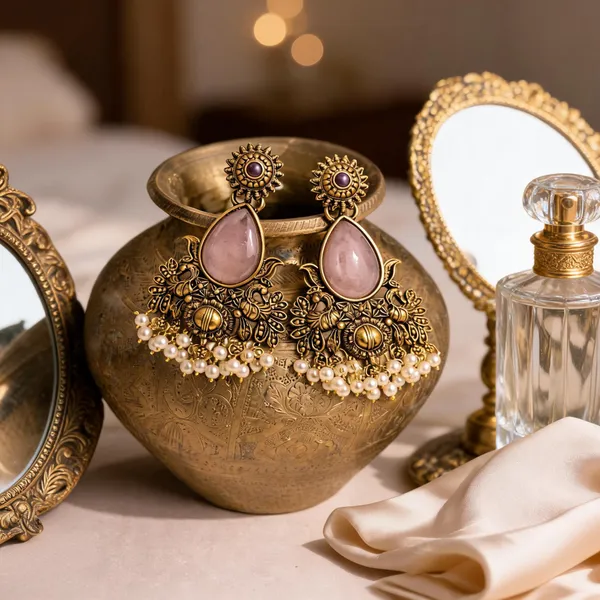 Golden_&_Pink_Brass_And_Alloy_Drop_Earrings_For_Women