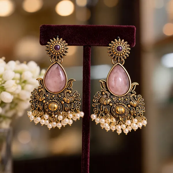 Golden_&_Pink_Brass_And_Alloy_Drop_Earrings_For_Women
