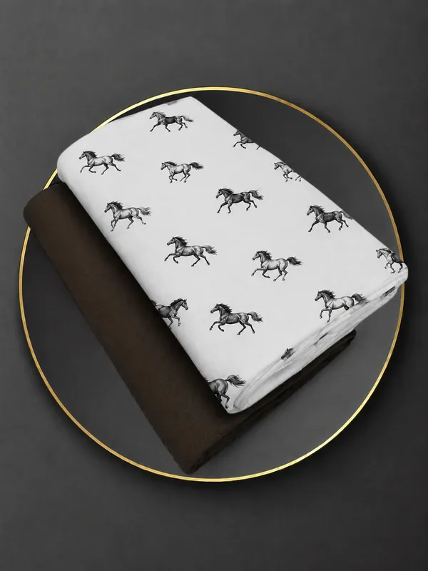 White_Cotton_Horse_Print_Unstitched_Shirt_Pant_Fabric_For_Men