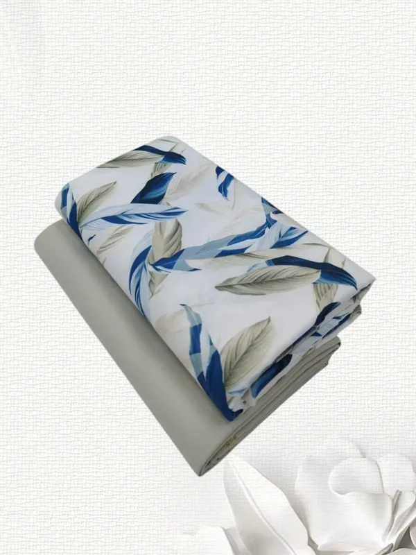 White_&_Blue_Cotton_Leaf_Print_Unstitched_Fabric_For_Men