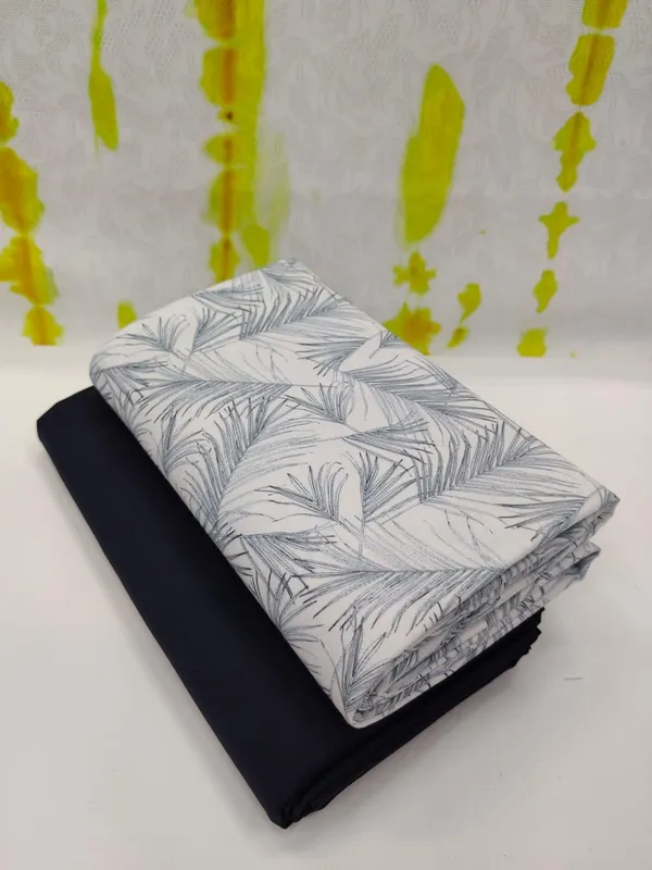 White_Cotton_Botanical_Leaf_Print_Unstitched_Shirt_Pant_Fabric_For_Men