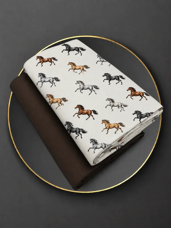 White_Brown_Cotton_Horse_Print_Unstitched_Shirt_Pant_Fabric_For_Men