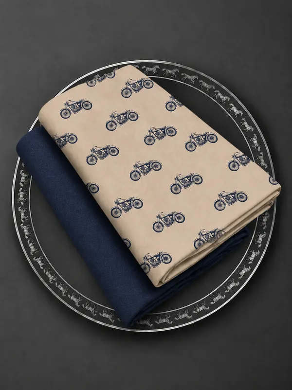 Beige_Cotton_Motorcycle_Print_Unstitched_Shirt_Pant_Fabric_For_Men