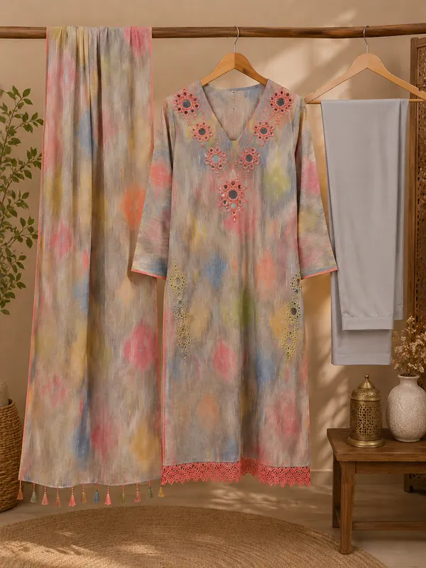 Multicolour_Pathani_Cotton_Unstitched_Suit_Set