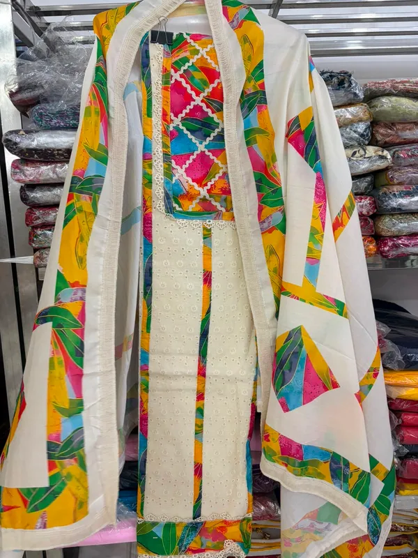 White_Multicolour_Cotton_Printed_Unstitched_Suit_Set_For_Women