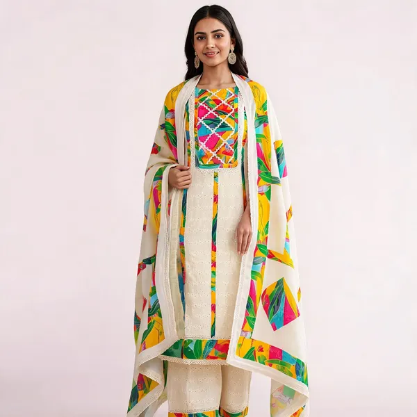 White_Multicolour_Cotton_Printed_Unstitched_Suit_Set_For_Women