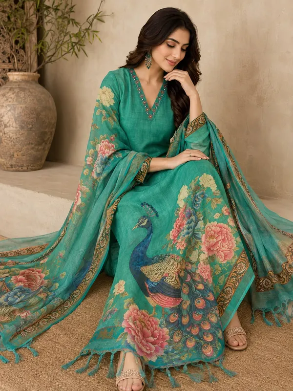 Teal_Tussar_Cotton_Unstitched_Suit_Set_For_Women