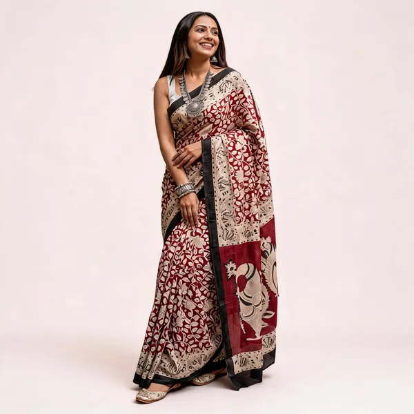 Maroon_Pure_Cotton_Floral_Saree_With_Blouse_For_Women