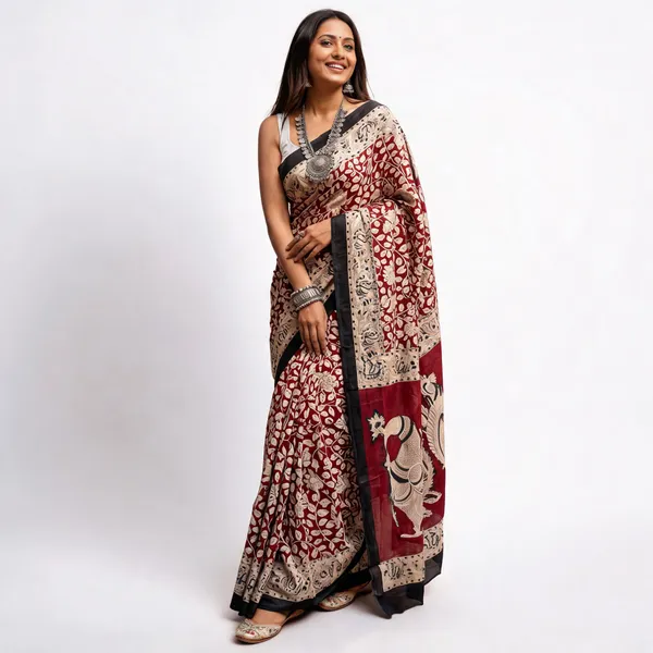 Maroon_Pure_Cotton_Floral_Saree_With_Blouse_For_Women