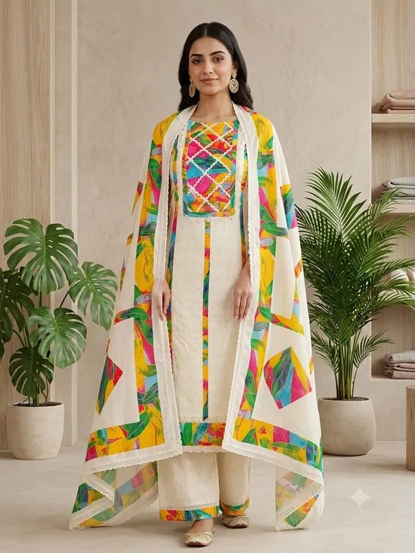 White_Multicolour_Cotton_Printed_Unstitched_Suit_Set_For_Women