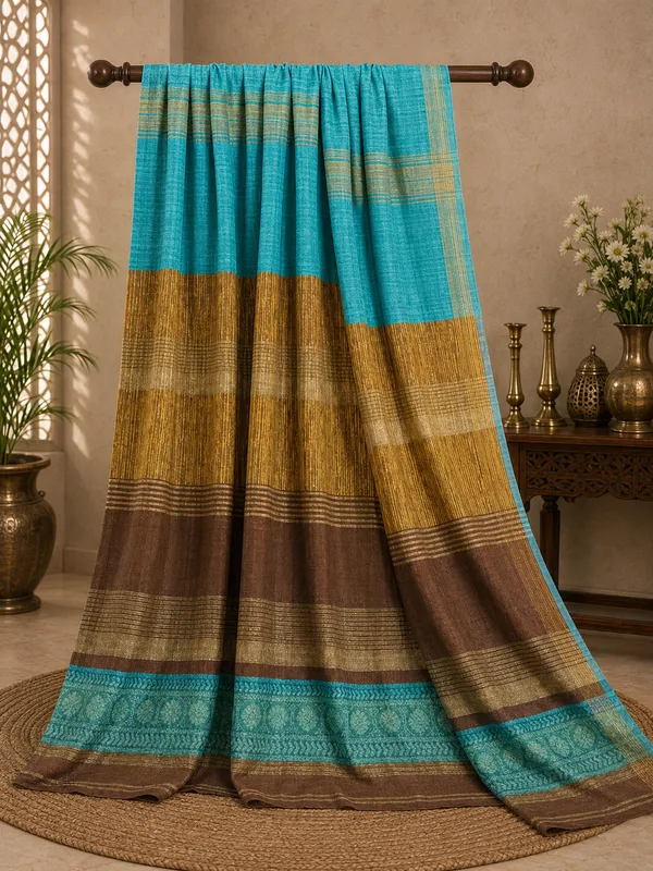 Brown_Turquoise_Woven_Striped_Saree
