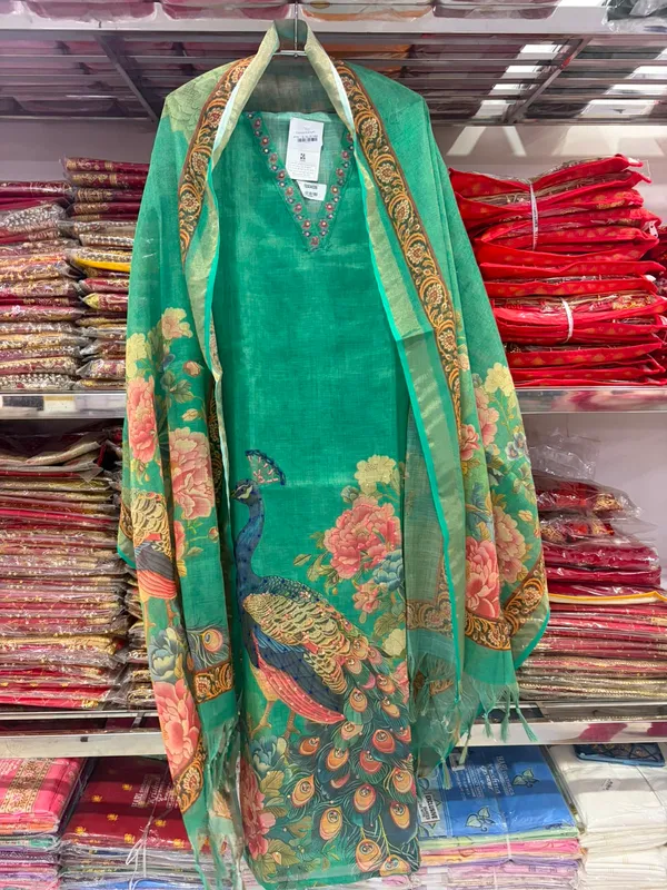 Teal_Tussar_Cotton_Unstitched_Suit_Set_For_Women