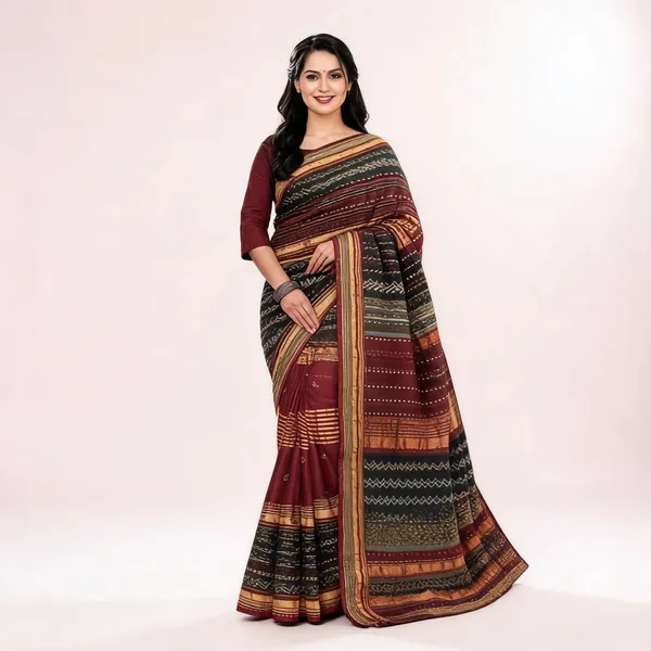 Brown_Pure_Cotton_Woven_Stripe_Saree_With_Blouse_For_Women