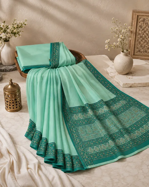 Aqua_Green_Cotton_Saree_With_Blouse