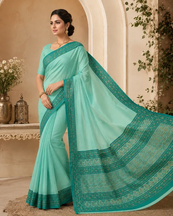 Aqua_Green_Cotton_Saree_With_Blouse