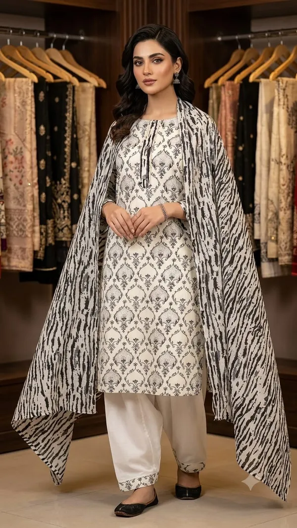 White_Black_Cotton_Straight_Unstitched_Suit_Set_For_Women