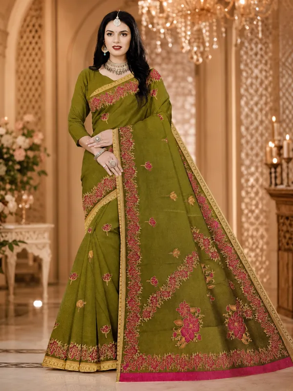 Olive_Green_Printed_Saree_