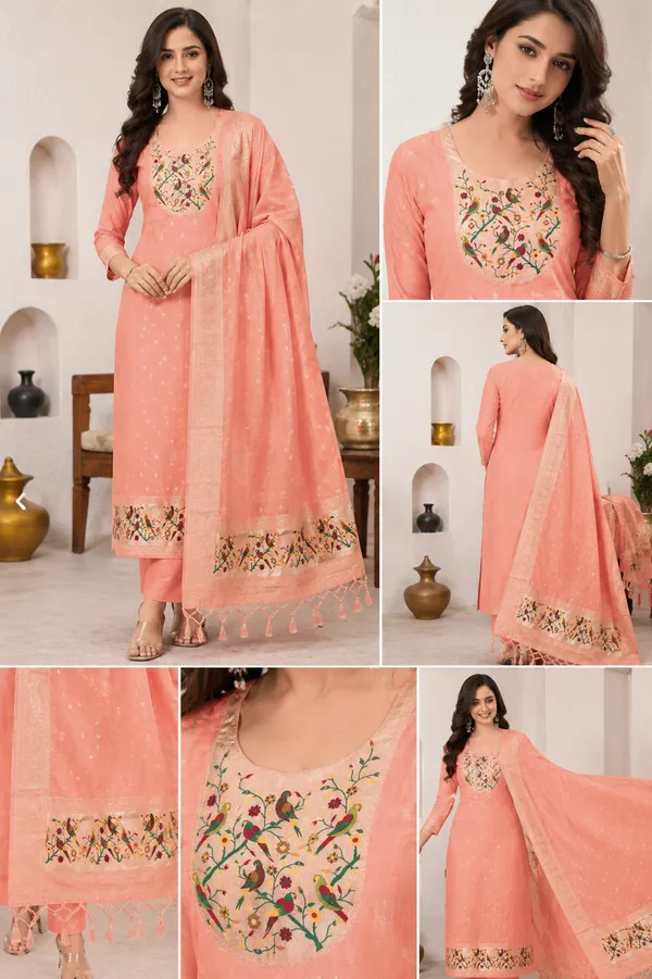 Peach_Pathani_Silk_Straight_Unstitched_Suit_Set_For_Women
