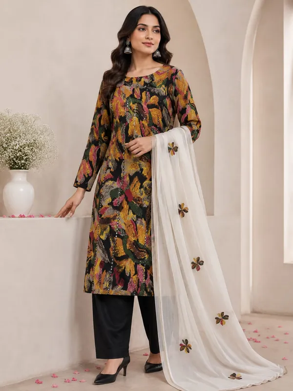 Multi_clr_floral_mirror_Pathani_Cotton_Unstitched_Suit_Set