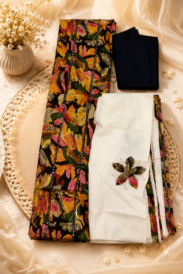 Multi_clr_floral_mirror_Pathani_Cotton_Unstitched_Suit_Set