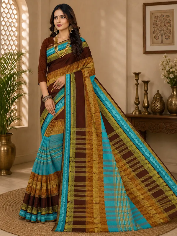 Brown_Turquoise_Woven_Striped_Saree