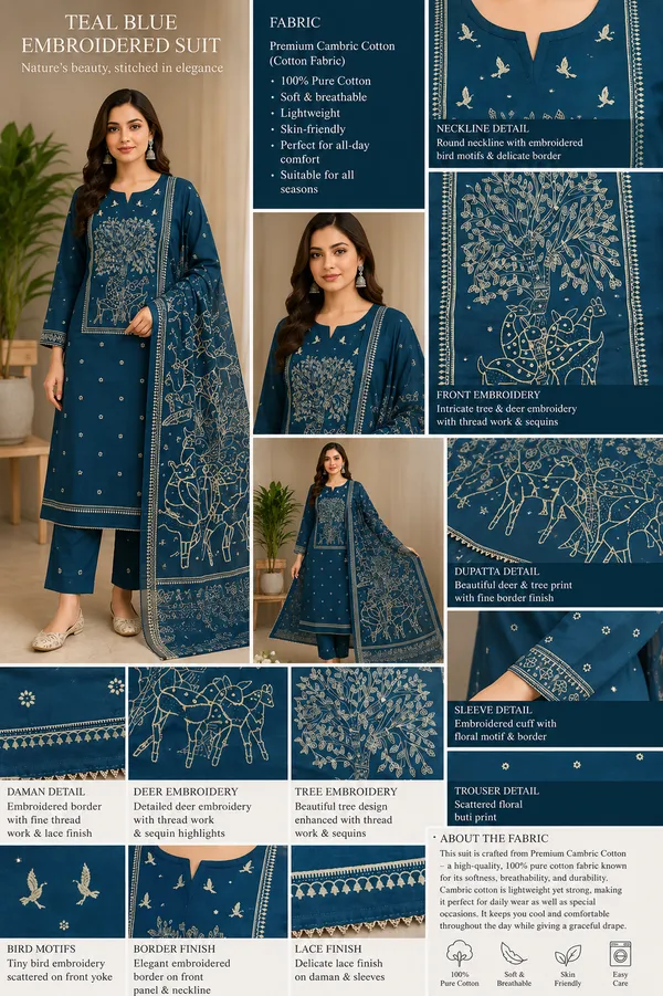 Teal_Blue_Cotton_Embroidered_Unstitched_Suit_Set_For_Women