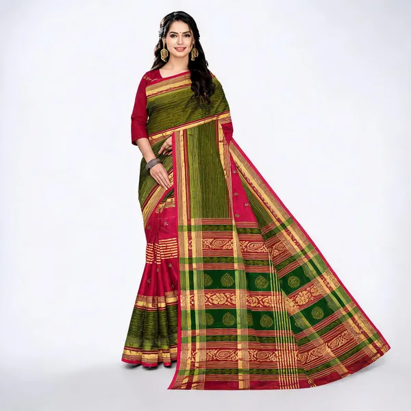 Green_Pink_Pure_Cotton_Checked_Saree_With_Blouse_For_Women