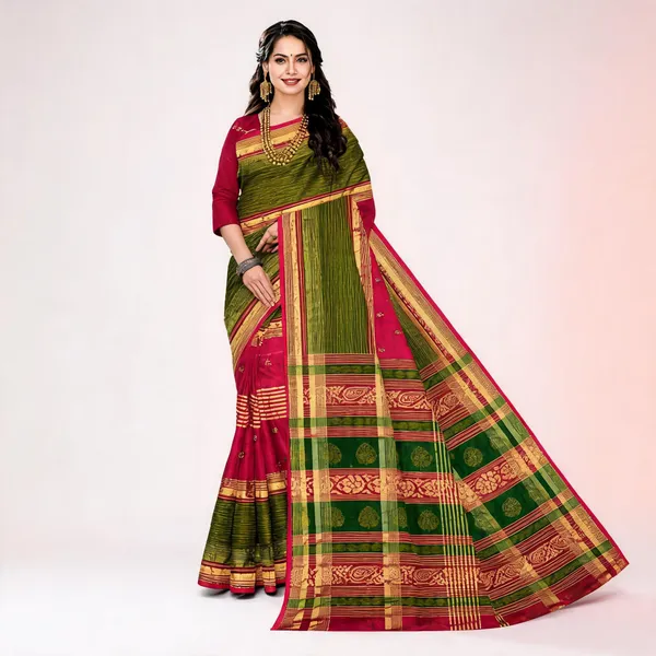 Green_Pink_Pure_Cotton_Checked_Saree_With_Blouse_For_Women
