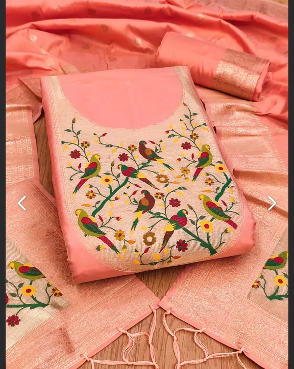 Peach_Pathani_Silk_Straight_Unstitched_Suit_Set_For_Women
