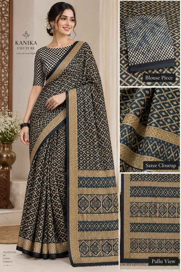 Zareen_Jaal-_Black_&_Antique_Gold_Geometric_Printed_Saree