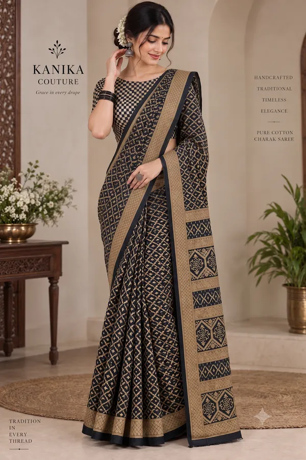 Zareen_Jaal-_Black_&_Antique_Gold_Geometric_Printed_Saree