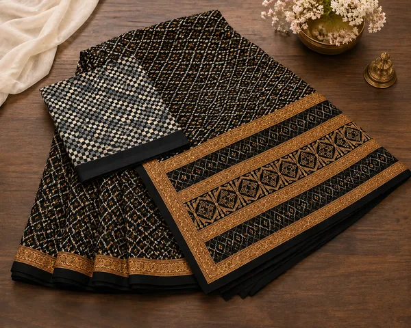 Zareen_Jaal-_Black_&_Antique_Gold_Geometric_Printed_Saree