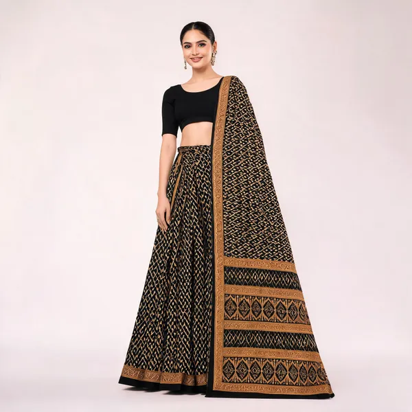 Black_Pure_Cotton_Geometric_Saree_With_Blouse_For_Women
