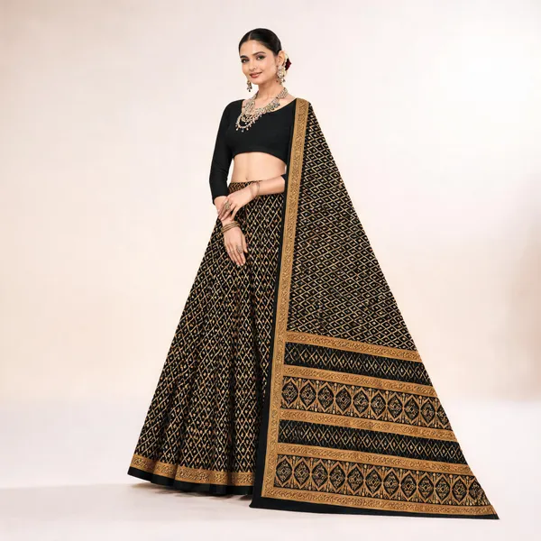 Black_Pure_Cotton_Geometric_Saree_With_Blouse_For_Women