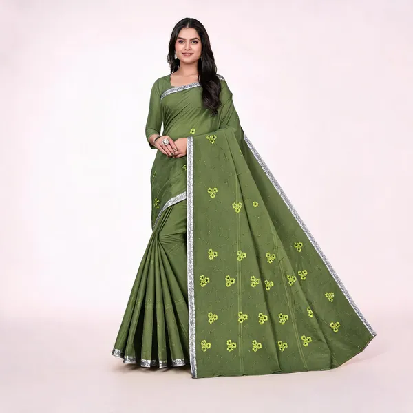 Green_Pure_Cotton_Floral_Saree_With_Blouse_For_Women