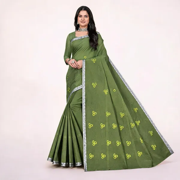 Green_Pure_Cotton_Floral_Saree_With_Blouse_For_Women